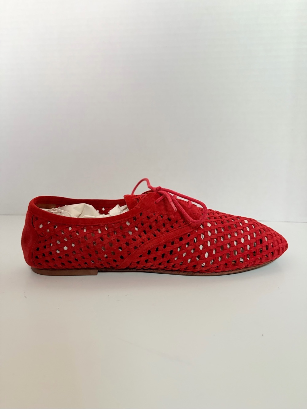Sezane Woven Lace Up Flats Fisherman Mesh Shoes Pointed Toe Leather Red Size 39